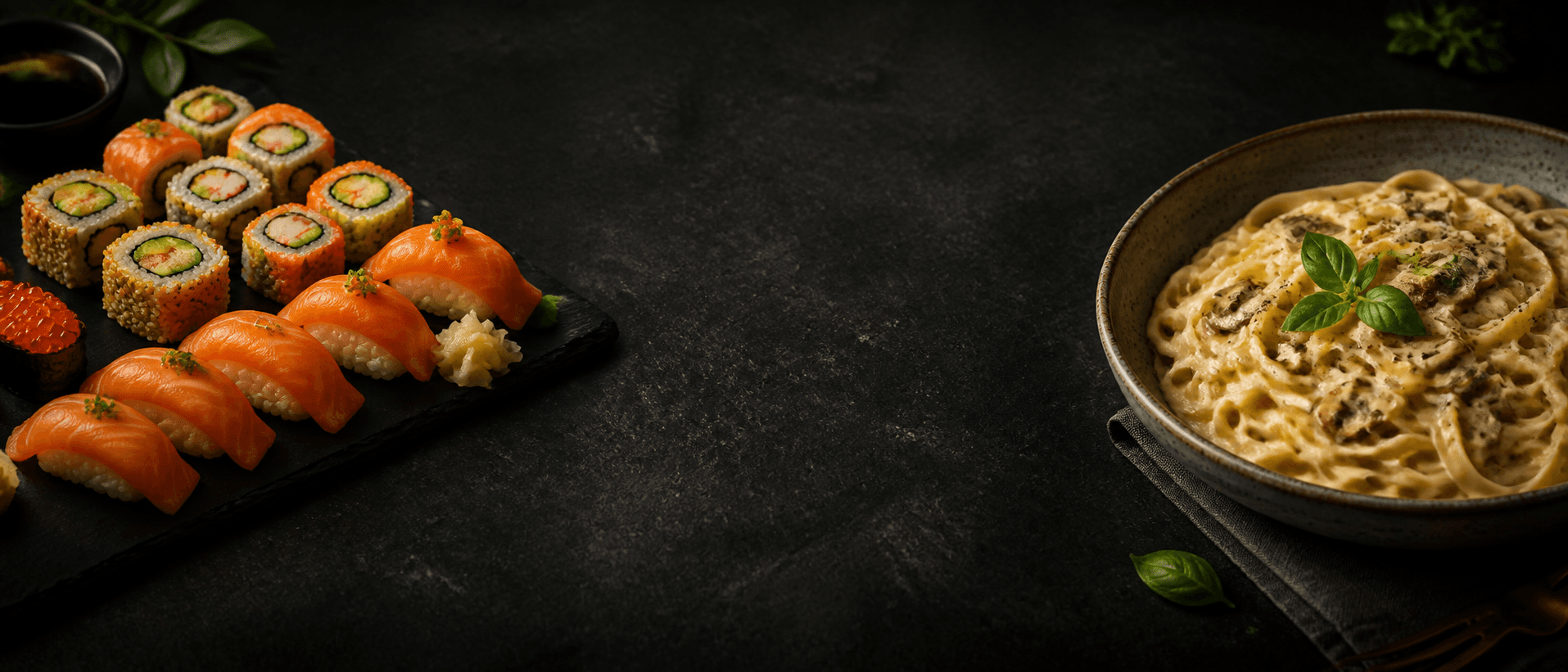 Salmon sushi and creamy pasta